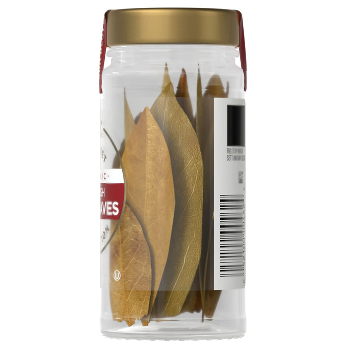 A jar of Simply Organic Turkish Bay Leaves is shown, highlighting the product's natural ingredients and packaging.