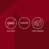 The image displays three icons indicating the product is Non-GMO, Kosher, and USDA Organic.