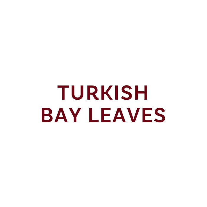 The image displays the text Turkish Bay Leaves in a dark red font.