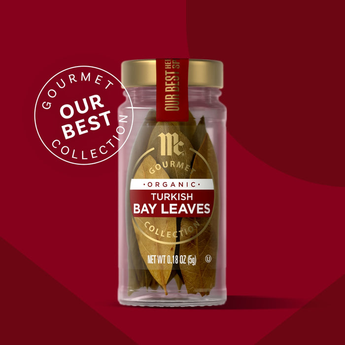A jar of McCormick Gourmet Turkish Bay Leaves, part of the Our Best Collection.