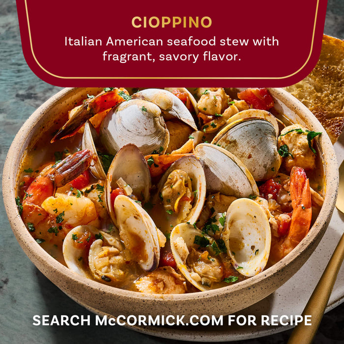 A bowl of McCormick's cioppino, an Italian American seafood stew with a fragrant, savory flavor.