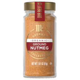 A jar of McCormick Gourmet Organic Ground Nutmeg.