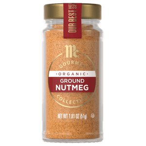 A jar of McCormick Gourmet Organic Ground Nutmeg.