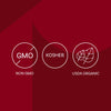 The image displays three icons indicating the product is Non-GMO, Kosher, and USDA Organic.