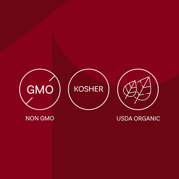 The image displays three icons indicating the product is Non-GMO, Kosher, and USDA Organic.
