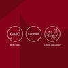 The image displays three icons indicating the product is Non-GMO, Kosher, and USDA Organic.