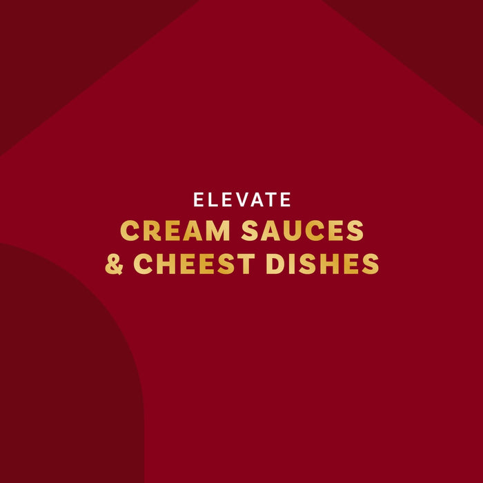 A graphic with the text Elevate Cream Sauces and Cheese Dishes on a dark red background.