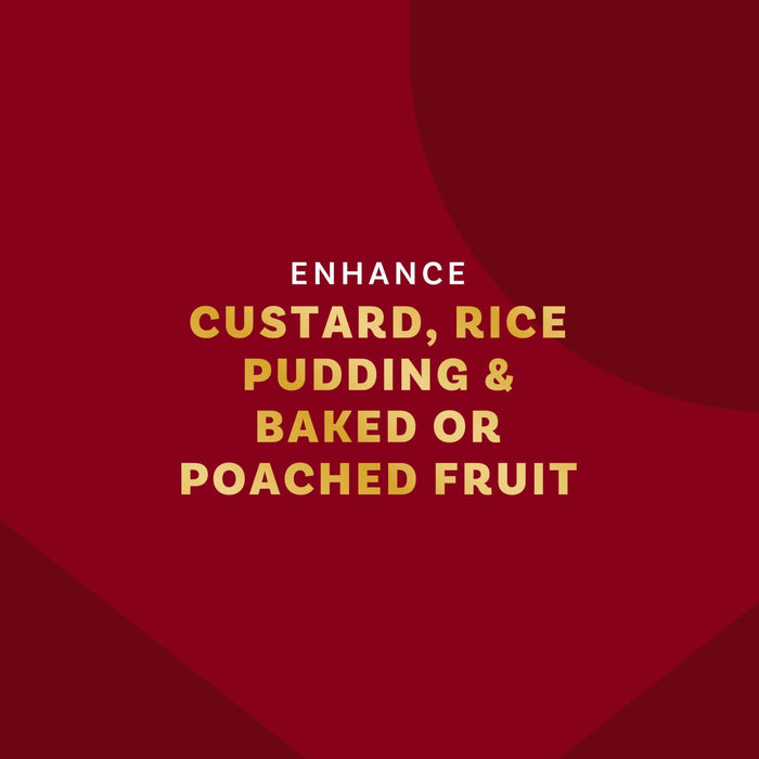 The image promotes enhancing custard, rice pudding, and baked or poached fruit.
