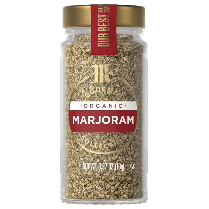 A jar of McCormick Organic Marjoram.