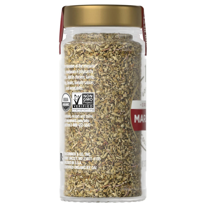 A jar of McCormick Organic Marjoram seasoning is displayed.