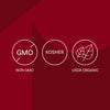 The image displays three certification icons: Non-GMO, Kosher, and USDA Organic.