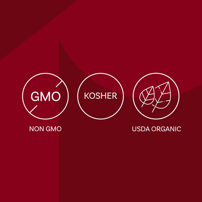 The image displays three certification icons: Non-GMO, Kosher, and USDA Organic.