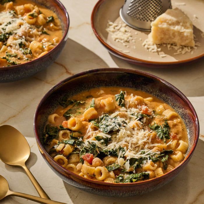 A bowl of creamy pasta soup with spinach and grated Parmesan cheese is presented in a warm, inviting setting.