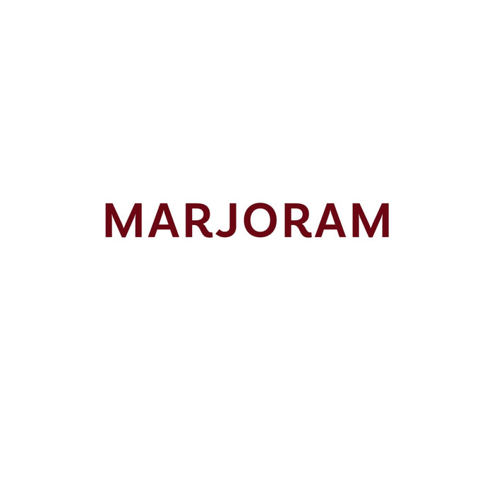 The image displays the word MARJORAM in a dark red font.