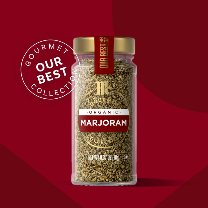A jar of McCormick Gourmet Marjoram, part of their Our Best Collection.