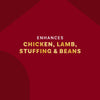 The image promotes a product that enhances the flavor of chicken, lamb, stuffing, and beans.