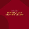 The image promotes a product that enhances the flavor of chicken, lamb, stuffing, and beans.
