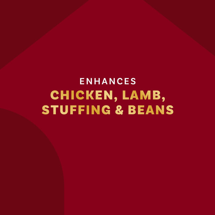The image promotes a product that enhances the flavor of chicken, lamb, stuffing, and beans.