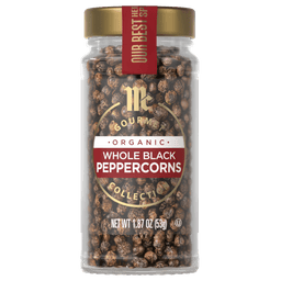 A jar of McCormick Organic Whole Black Peppercorns.