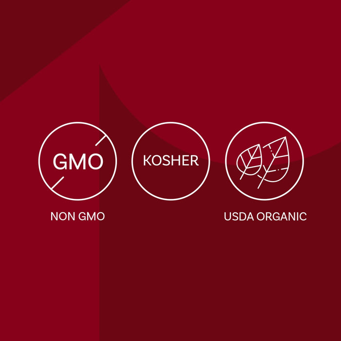 The image displays three certification icons: Non-GMO, Kosher, and USDA Organic, indicating the product meets these standards.