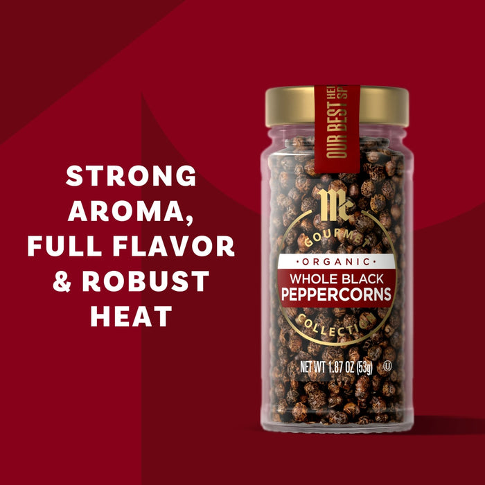 A jar of The Spice Hunter Whole Black Peppercorns is displayed next to the text Strong Aroma, Full Flavor &amp; Robust Heat.