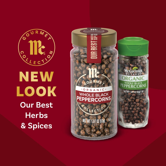 McCormick Gourmet Collection features a new look for its best herbs and spices, including whole black peppercorns.
