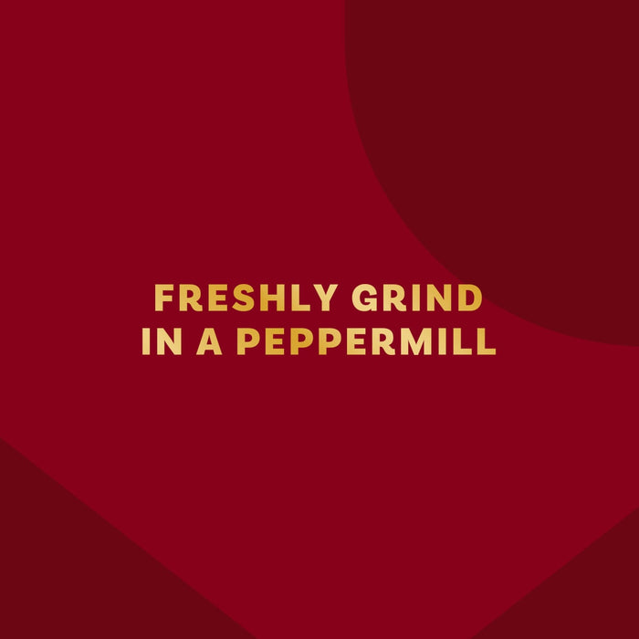 The text on the red background says Freshly Grind in a Peppermill.