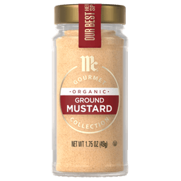 A jar of McCormick Organic Ground Mustard is displayed.