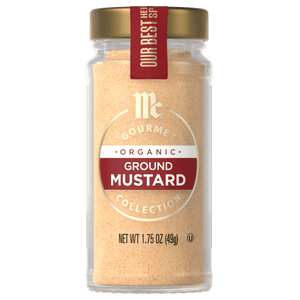 A jar of McCormick Organic Ground Mustard is displayed.