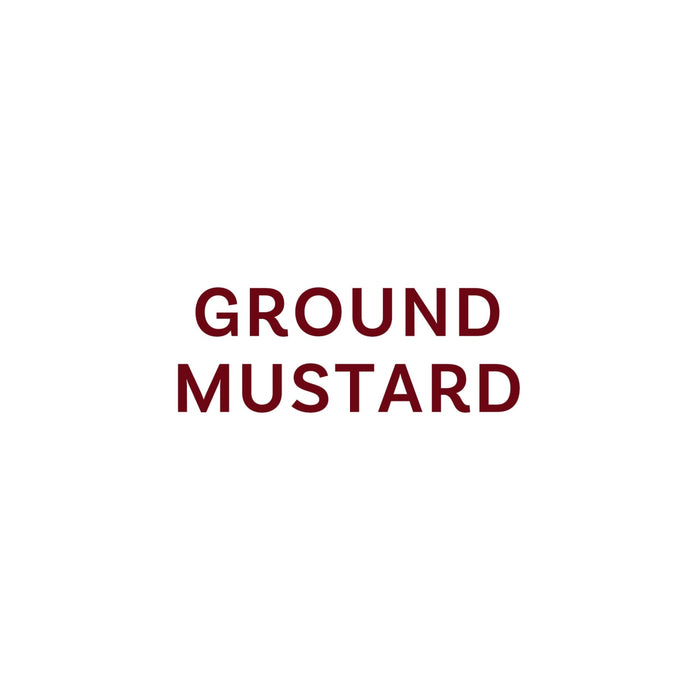 The text GROUND MUSTARD is displayed in a burgundy color.
