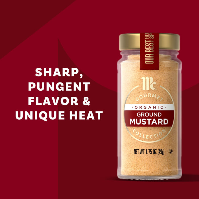 McCormick Ground Mustard is shown in a jar, highlighting its sharp, pungent flavor and unique heat.