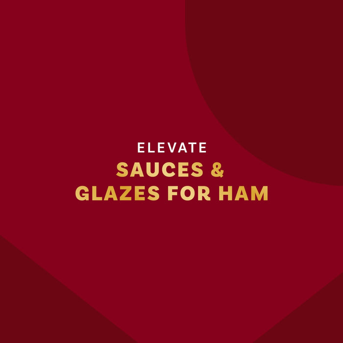 Elevate sauces and glazes for ham are displayed on a maroon background.