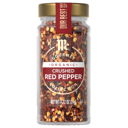 A jar of McCormick Organic Crushed Red Pepper is shown, highlighting its use as a flavorful spice.