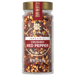 A jar of McCormick Organic Crushed Red Pepper is shown, highlighting its use as a flavorful spice.