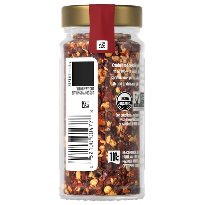A jar of McCormick Organic Crushed Red Pepper is shown, highlighting its organic certification and barcode.