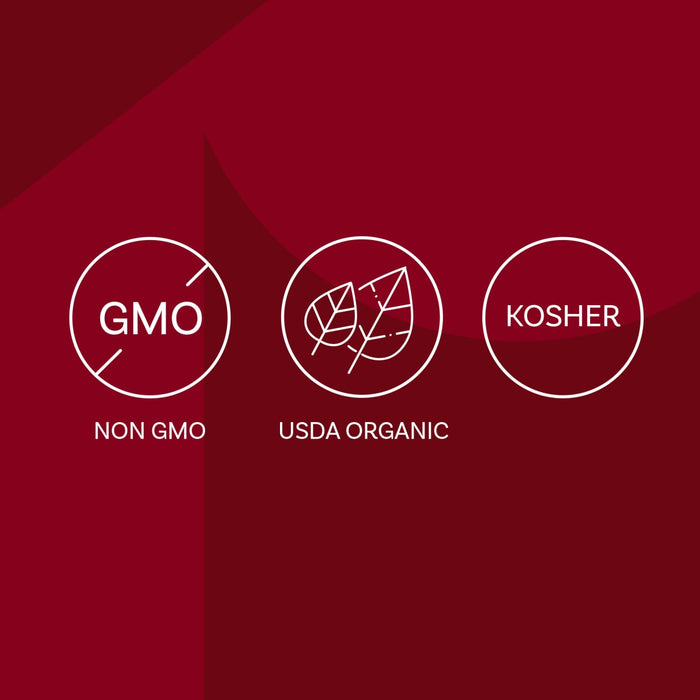The image displays three icons indicating the product is Non-GMO, USDA Organic, and Kosher.