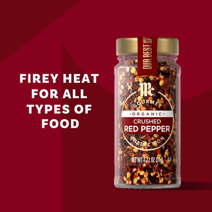 A jar of McCormick Crushed Red Pepper is displayed with the text Firey Heat For All Types of Food.