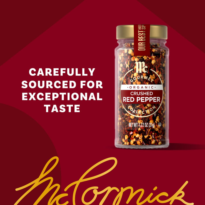 A jar of McCormick crushed red pepper is displayed with the text Carefully sourced for exceptional taste.