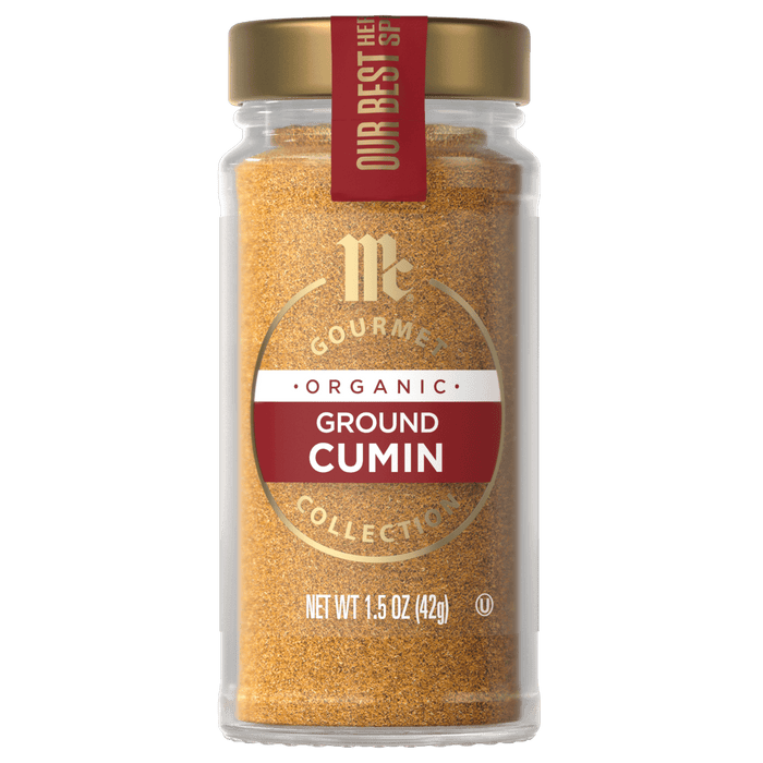 A jar of McCormick Gourmet Organic Ground Cumin.