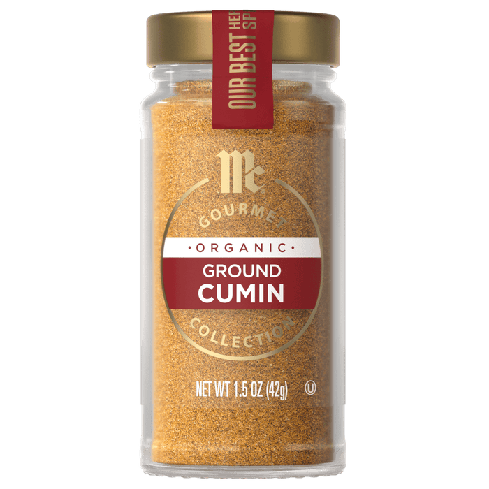 A jar of McCormick Gourmet Organic Ground Cumin.