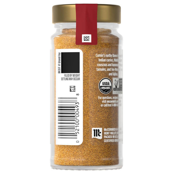 A jar of McCormick Organic Ground Turmeric is shown, highlighting its organic certification and product information.