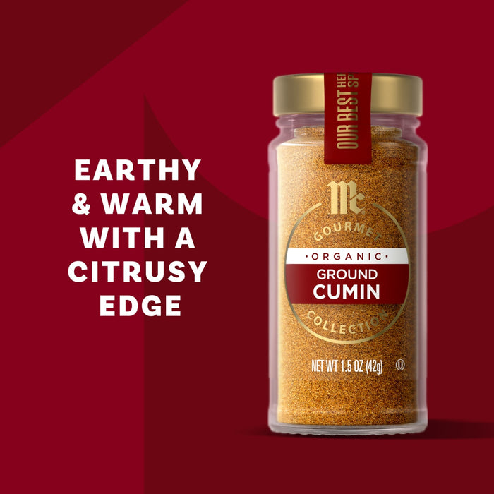 McCormick Gourmet Organic Ground Cumin is described as earthy and warm with a citrusy edge.