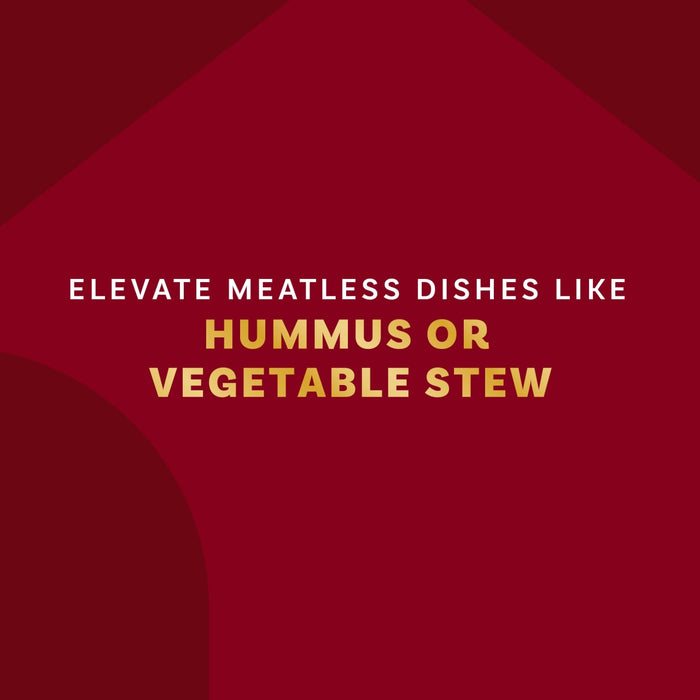 The image promotes enhancing meatless meals like hummus or vegetable stew.