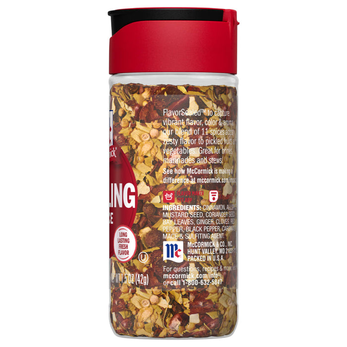A McCormick jar of Pickling Spice with a red lid and a label that says FlavorSealed to capture vibrant flavor color &amp; aroma.