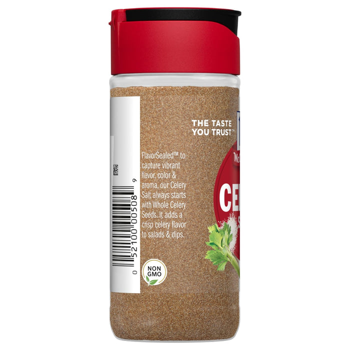 A bottle of McCormick Celery Salt with a red lid and a non-GMO label.