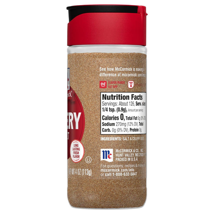 A McCormick Celery Salt shaker with nutrition facts and ingredients listed on the label.