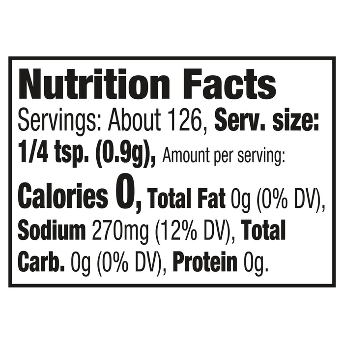 Nutrition facts for 1/4 teaspoon of the product, which contains 0 calories, 0 grams of fat, 270 milligrams of sodium, 0 grams of carbohydrates, and 0 grams of protein.