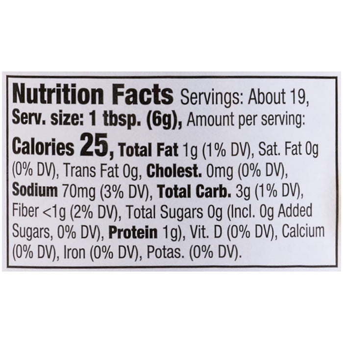 Nutrition facts label showing a serving size of 1 tbsp (6g) and about 19 servings, with 25 calories, 1g total fat, 3g total carbohydrates, and 1g protein per serving.