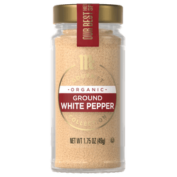 A jar of McCormick Organic Ground White Pepper.