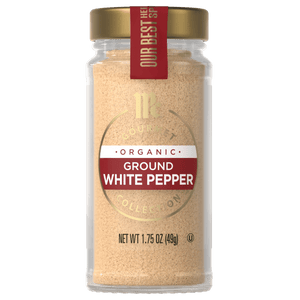 A jar of McCormick Organic Ground White Pepper.